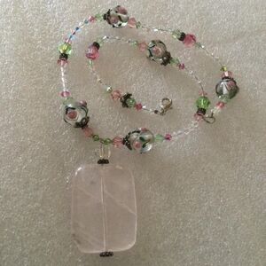 Art glass, crystal, rose quartz necklace